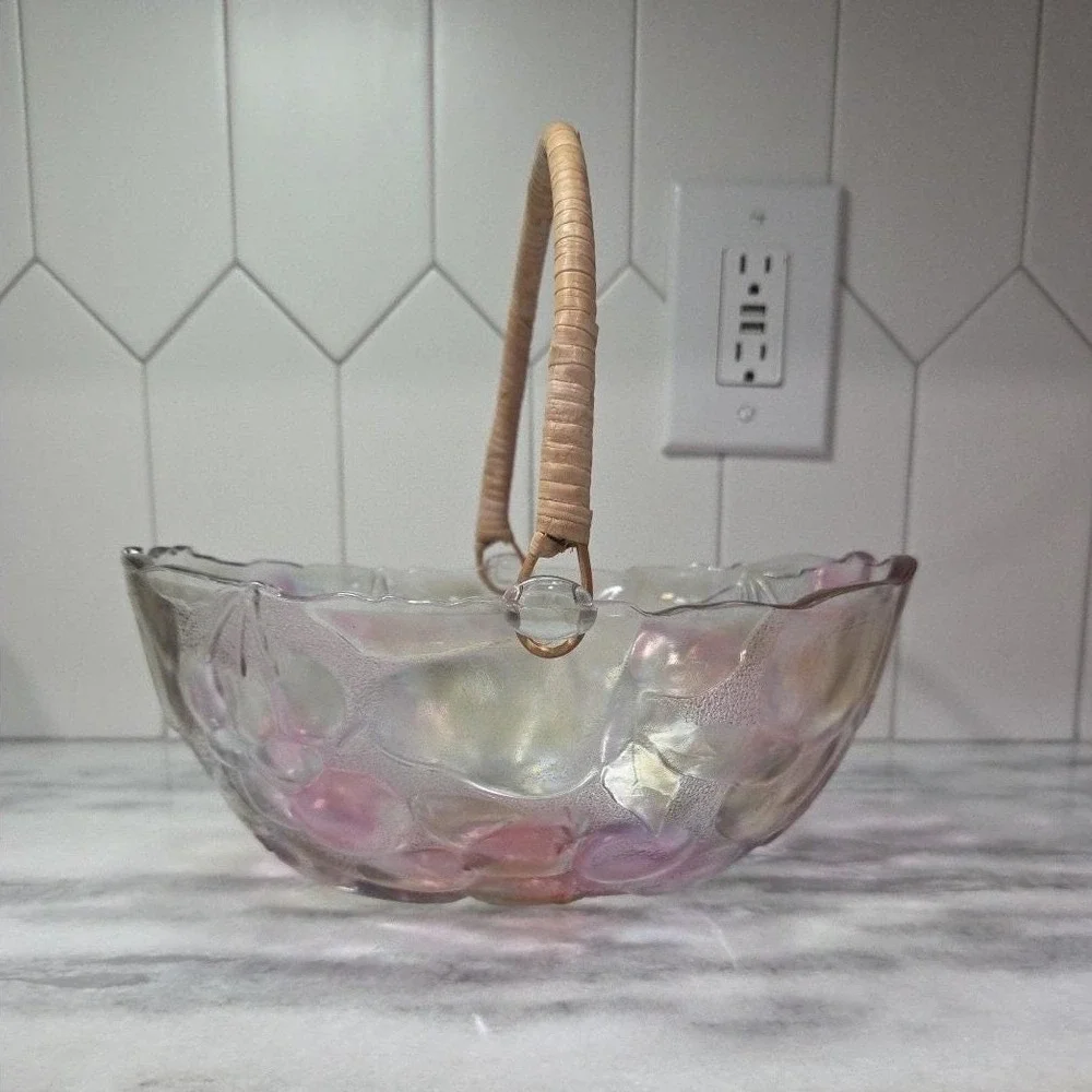 Home Interiors Multicolor Garden Themed Glass Basket Vintage Rattan Handle Decor